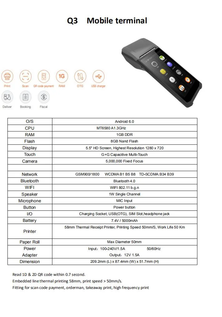 Factory Mobile Handheld Smart Android POS Terminal with Thermal Printer